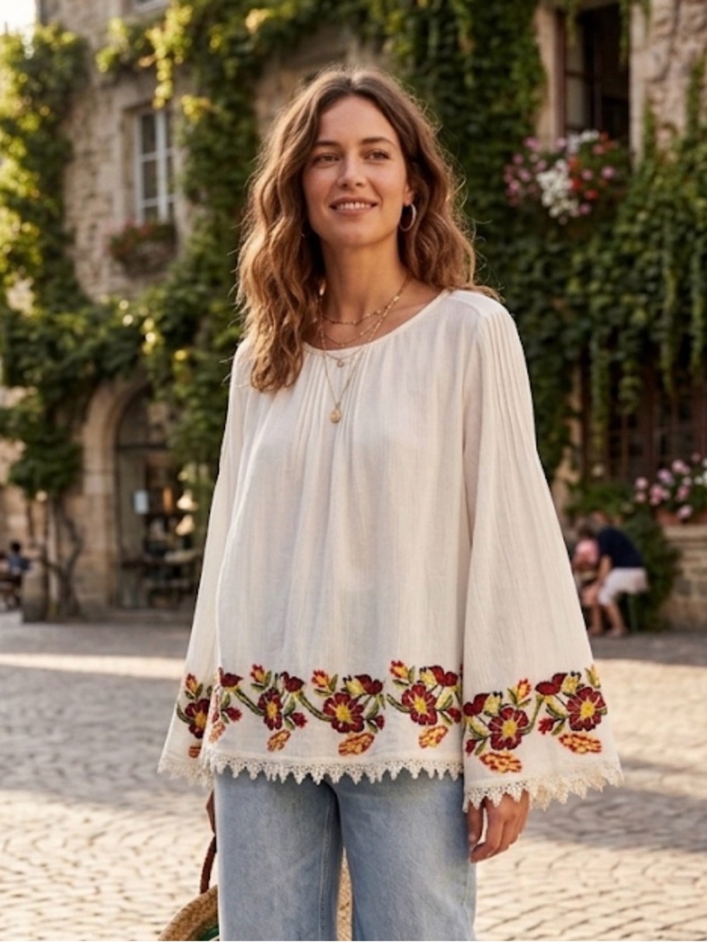 Anthropologie Velvet by Graham & Spencer Bohemian Embroidered Peasant Top - #135